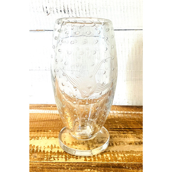 Vintage MCM Johansfors Controlled Bubble Crystal Vase Art Glass Etched Fish 8" - Picture 1 of 9